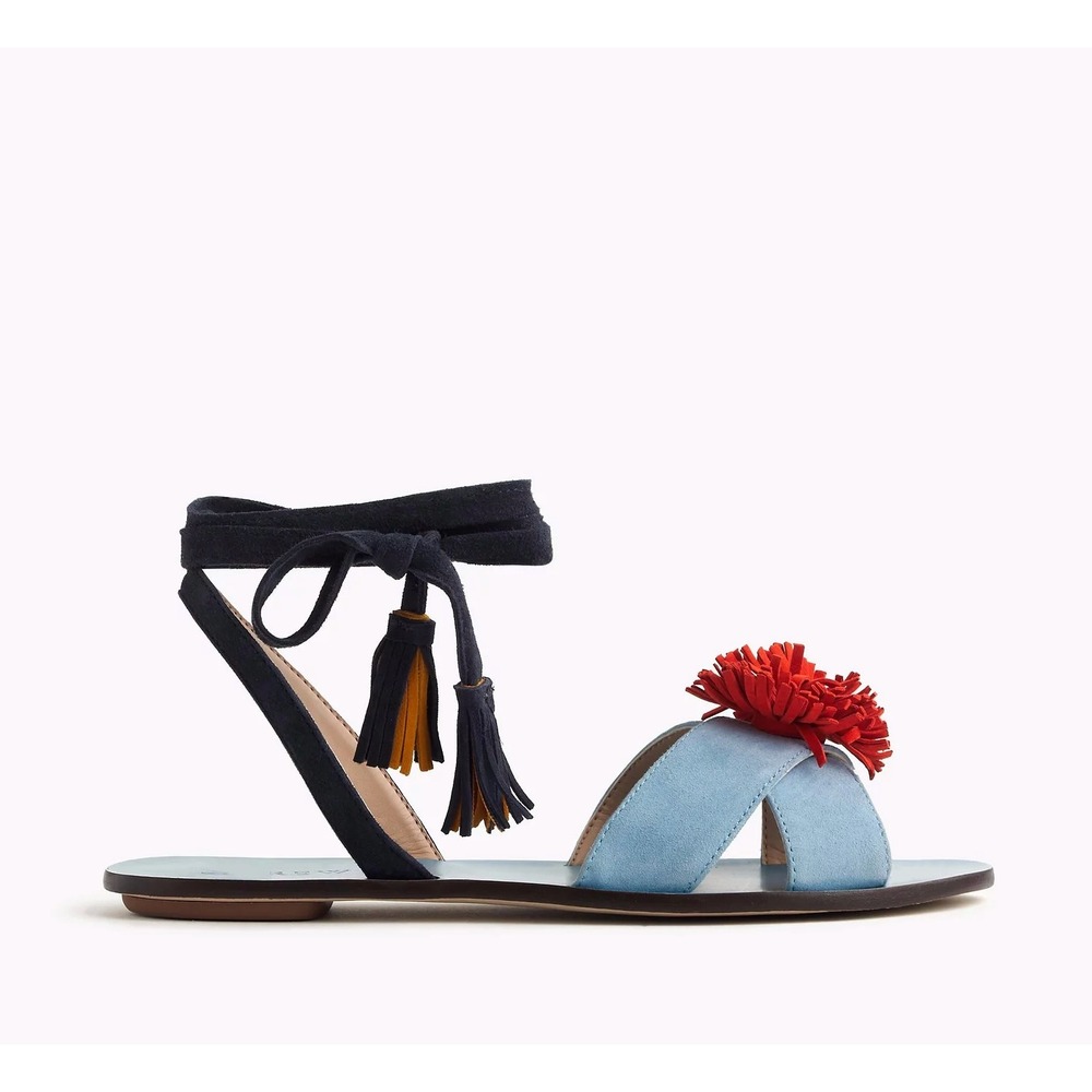 J Crew Sandals Womens 9 Blue Suede Pom-Pom Lace-up Tassel Gladiator Flat Shoes
